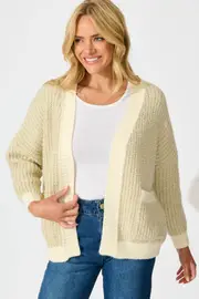 Masami Knit Cardigan Full Length Sleeve in Beige Lurex with Contrast Trim S/M