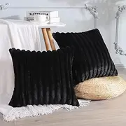 Sungeek Set of 2 Black Faux Rabbit Fur Cushion Covers 40x40 cm, Soft Cozy Plush Striped Decorative Throw Pillow Covers 16x16 inch Velvet Square Pillowcases for Sofa Bedroom