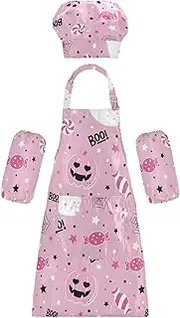 AIXIWAWA Kids Apron Chef Hat Set, Child Kitchen Bib Aprons Adjustable for Cooking Baking Painting (Pink Ghost Cats)