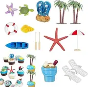 Beach Cake Decorations | 15X Miniature Beach Cupcake Toppers,Palm Trees, Deck Chair, Beach Umbrella, Bucket, Cake Topper Set for Garden Plant Pool