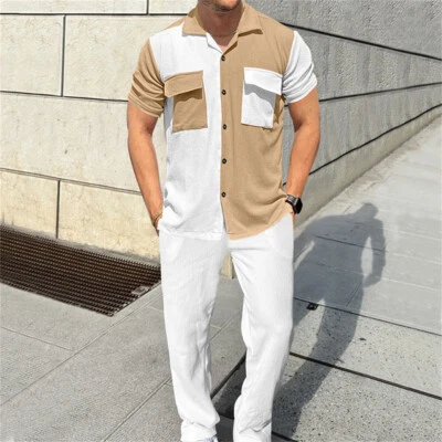 Men Corduroy Tracksuit Outfit 2-Piece Set Short Sleeve Shirt and Pants Set