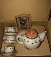 NEW! 1999 Boyd's Bear Bearware Pottery Works Mini Teapot + 3 Cups & Saucer Set