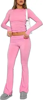 [Doweha] Women's Cotton Lounge Flared Legging Set Two Piece Outfits Basic Long Sleeve Crop Tops Low Rise Fold Over Yoga Pants