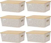 Lidded Storage Basket | Storage Baskets with Lid for Organizing | 6x Bins Organizer Container Box for Desktop Home Office Classroom Drawers Shelves Closet