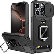 for iPhone 16 Pro Max Case with [Card Holder] and Camera Cover Built-in 360° Rotate Ring Stand Kickstand Magnetic Magnet Heavy Duty Protective Phone Cover Case for iPhone 16 Pro Max