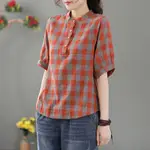 LARGE WOMEN'S TOP LOOSE SHORT SLEEVE T-SHIRT2023復古棉麻中年媽媽裝上衣大