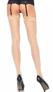 Lace Top Sheer Nude Back Seam Thigh High Stockings