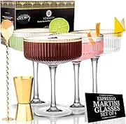 VEMACITY Ribbed Coupe Glasses Set of 4 with Gold Rims, Bar Spoon & Jigger | 10oz Crystal Coupe Cocktail Glasses | Ideal Martini Glasses | Recipe e-Book (PDF)