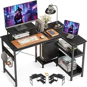 ODK L Shaped Computer Desk with Reversible Storage Shelves, 100 * 70 * 87.7cm, Corner Desk with Monitor Stand&Headphone Hook, Home Office Desk, Modern Simple Writing Table, Black