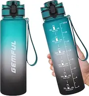 GEMFUL 1L Water Bottle for Women Motivational Time Marker & Straw Lightweight Tritan BPA Free Gradient Color for Office Travel & Running (Green Black)