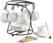LYEOBOH Espresso Cups with Saucers Set, Porcelain Coffee and A-White
