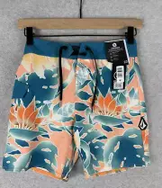 Volcom Bathing Suit Boys 10 Green Orange Floral Slim Beach Board Shorts NEW