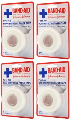 4 x BAND-AID FIRST AID NON-IRRITATING PAPER TAPE 2.5CM X 9.1M BRAND NEW