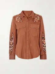 [Fortela] Fortela - Blondie Embroidered Leather-trimmed Suede Shirt - Camel - IT40 IT 40 Brown