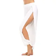 Nevenka Women's Yoga Harem Pants Casual Loose Side Slit Hippie Long Pants-White-8006