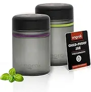 ONGROK Glass Storage Jar, 500ml, 2 Pack, UV Herb/Spice Jar with Child Resistant Lid, Color-Coded Glass Containers Air Proof to Preserve Smell and Aroma, Perfect Size to Store in a Drawer or Cupboard
