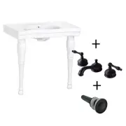Console Sink White Porcelain with Black Widespread Faucet 8", Hardwood Leg