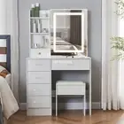 White Dressing Table Mirror Stool Organizer Set Vanity Makeup Desk with Drawers