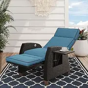 Grand patio Indoor & Outdoor Recliner Chair PE Wicker Patio 150° Lay Flat Recliner with Flip Table Reclining Lounge Chair, Peacock Blue