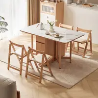 在飛比找PChome24h購物優惠-林氏木業北歐原木風靈動岩板摺疊餐桌 OU2R+摺疊餐椅 OU