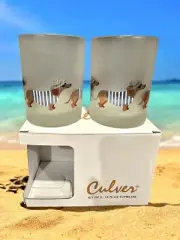 Culver Beach Dachshund “Fedora Dogs” Frosted Double Old Fashion Glasses Set Of 2