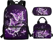 [CLOHOMIN] School Backpack for Boys with Lunch Box Large Bookbag for High School Girls Insulated Lunch Bag Kids Pencil Case, Purple Butterfly, Custom