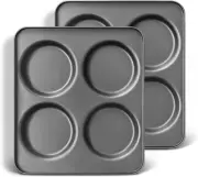 HONGBAKE Large Muffin Top Pan Set of 2, 4 Cup Nonstick Hamburger Bun Baking Pan,
