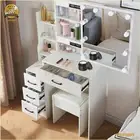 White Dressing Table Stool Set With LED Slide Mirror Makeup Vanity Table Bedroom