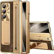 NINKI for Samsung Galaxy Z Fold 5 Case with S Pen & S Pen Holder, Kickstand & Front Screen Protector Hinge Electroplating Leather Phone Cover for Z Fold 5 Case with Stand and Stylus – Gold with Coffee