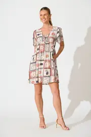 Transcend Dress Short Sleeve in White Cream With Rust Multi Patchwork Print 8