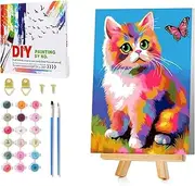 Mandun Art Paint by Numbers for Children with Frame and Easel, Cat Paint by Numbers for Kids, Paint by Numbers On Canvas with Paint Brushes and Acrylic Paints for Home Wall Decor 8x12Inch