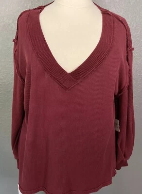 We The Free Asher Thermal Top Sz M OVERSIZED Maroon V Neck Waffleknit Comfy