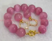 Noblest 14mm Pink Cat's Eye Opal Round Gems Beads Bracelet Earrings Set 7.5''