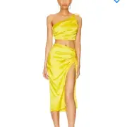 Superdown kristy ruched skirt set Yellow Dress satin two piece top Revolve S