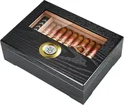 [Puffaland] Cigar Humidor Box, Cigar Case Desktop Box Cedar Wood Cigar Box Gift for 20-25 Cigars with Glass Top and Digital Hygrometer,Black
