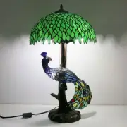 Peacock Base Green Leaf Tiffany Table Lamp Stained Glass 16 inch Home Lighting