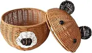 FONDOTIN Bear Shaped Imitation Rattan Storage Basket with Lid Decorative Snack Fruit Basket Natural Color for for Organizing Home Decor