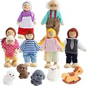 SRunDe Pack of 12 Dolls House Dolls, Bending Dolls House Figures Family Set Wooden Doll Toy with Cat and Dog for Doll Houses Doll Families Members Toy Accessories Gift