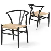 Costway Y-Shaped Wishbone Dining Chair Set of 2 Mid-Century Modern Weave Armchairs w/Metal Frame Beige
