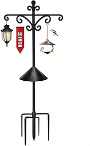 92Inch Shepherds Hooks for Outdoor with Squirrel Baffles – 6 Adjustable Hooks, 5 Prongs Base – Tall Bird Feeder Pole & Garden Stand for Hanging Plants, Lanterns, Hummingbird Feeders (Black, 92inch)