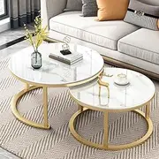 Marble Nesting Coffee Tables Set with Tempered Glass Top and Gold Metal Legs Multifunctional for Living Room Sofa Side Tables 2 Tables Separately Used