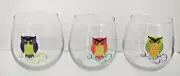 Set Of 3 Stemless Goblet Glass Wine With Decals Owls 4"