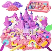 Bbiamsleep Unicorn Sensory Bin, 493 Pcs Unicorn Sand Art Kit with Sandbox 3.3 lbs Color Sensory Sand 6 Castle Mould 9 Tools Unicorn Sensory Bin Fillers for Birthday Party