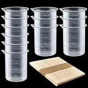 Coopay 12 Pack 200ml/6.8oz Plastic Beakers Epoxy Mixing Cups, Plastic Graduated Cups Clear Multipurpose Measuring Cups with 50 Pack Wooden Stirring Sticks for Resin, Epoxy, Stain, Mixing Paint