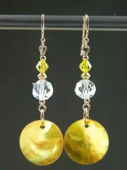 Golden Yellow MoP Shell Disc, Vtg Clear, Swarovski Crystal, Rolled Gold Earrings