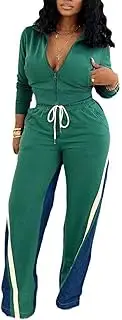 [KANSOON] 2 Piece Sets for Women Fall Tracksuit Outfits Long Sleeve Striped Zip Up Jacket Denim Patchwork Pants Lounge Set