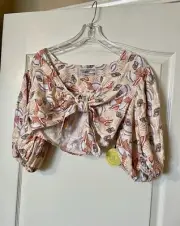 Urban Outfitters Devon Linen Seashell Puff Sleeve Crop Top Beach Boho Size M