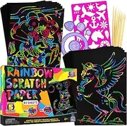Mega Value 36 Sheet SCRATCH PAPER Combo Art Set for Kids BIG 28cm x 21cm Sheets, 18 Sheets Rainbow Scratch Paper + 9 Metallic Gold + 9 Holographic Silver includes 4 stylus scratchers & stencils