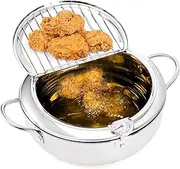 Deep Fryer Pot 304 Stainless Steel, 2.2L Frying Chicken Pot with Thermometer Control and Lid, Japanese Style Tempura Fryer Pot