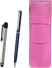 Pink Grain Leather Pen Case Metal Touch Stick Silver and Slim Swivel Ballpoint Pen Set, Blue SASP-ALST-PD04-L